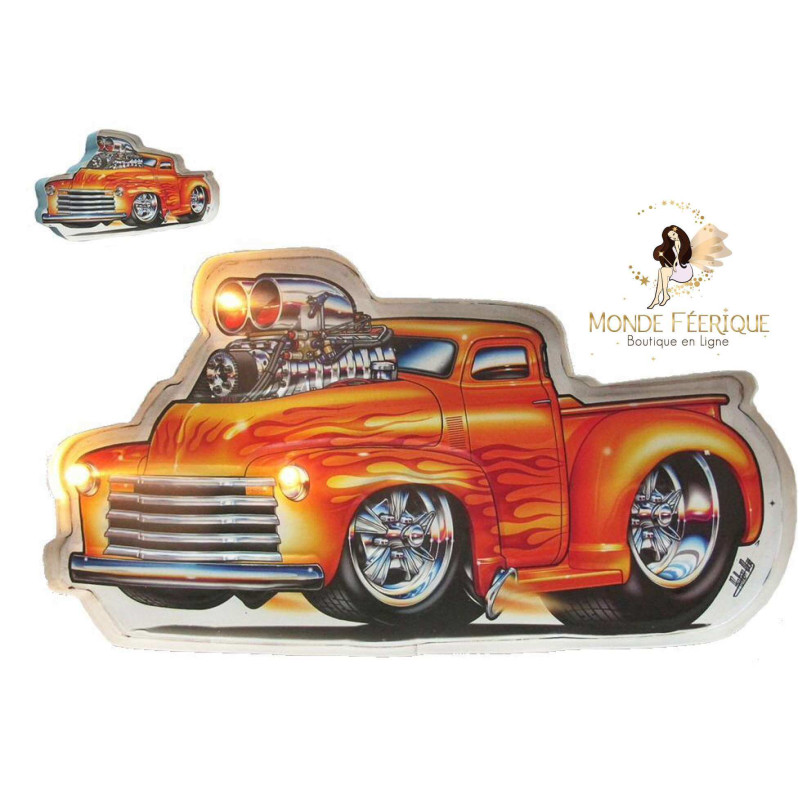 Plaque vintage USA - Camion pompier USA decoration murale lumineux