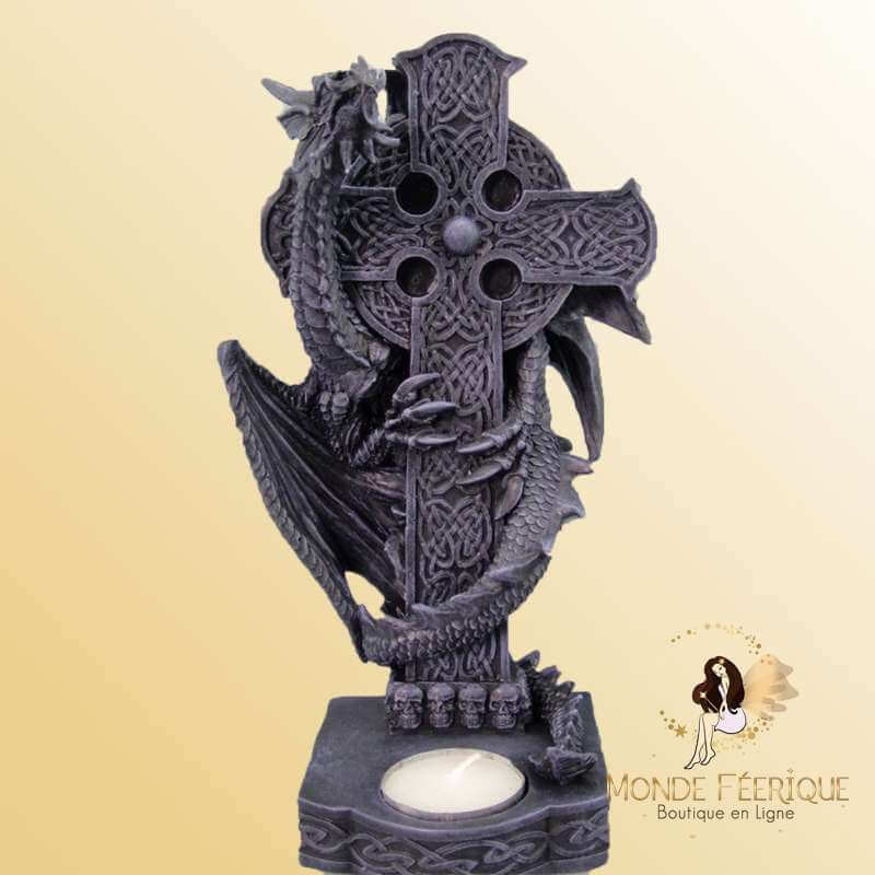 Grand Bougeoir Dragon avec une Croix