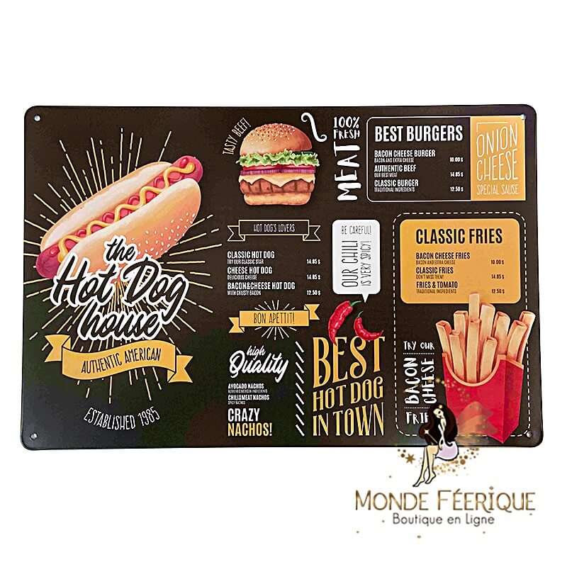 Plaque Rétro Menu Fast Food -- 20x30cm