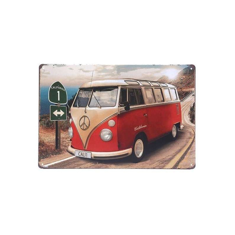 Plaque Métal Bombée émaillée 20x30 Cm - VW Combi Rouge - Déco Murale