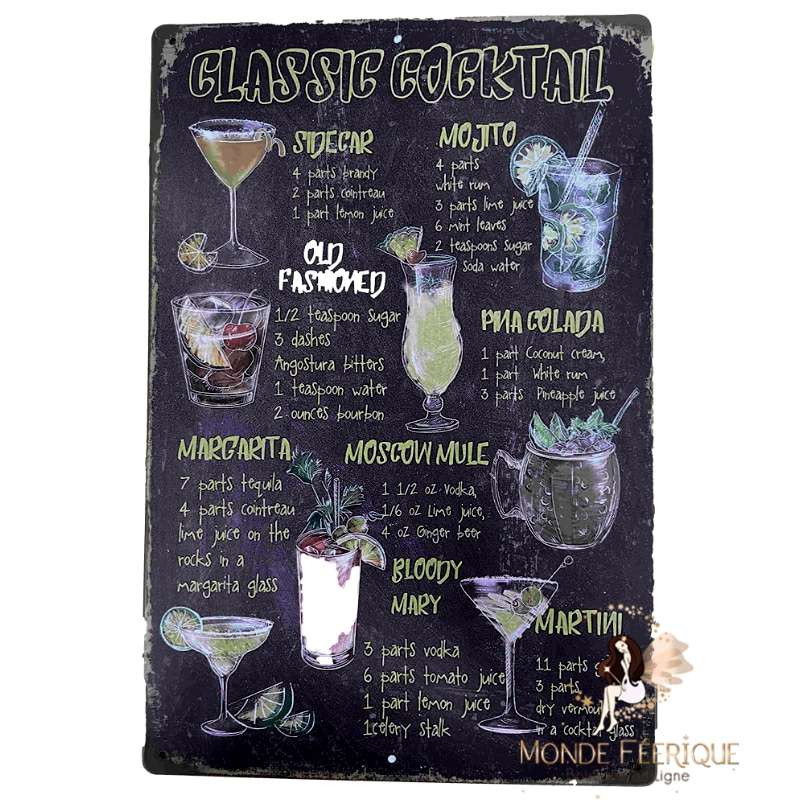 Plaque Vintage Classic Cocktails