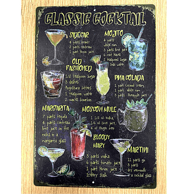 Plaque Métal Recettes 9 Cocktails - Décoration Bar 20x30cm