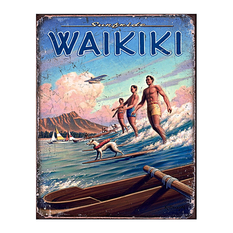 Plaque Vintage Waikiki Hawai -- 20x30cm