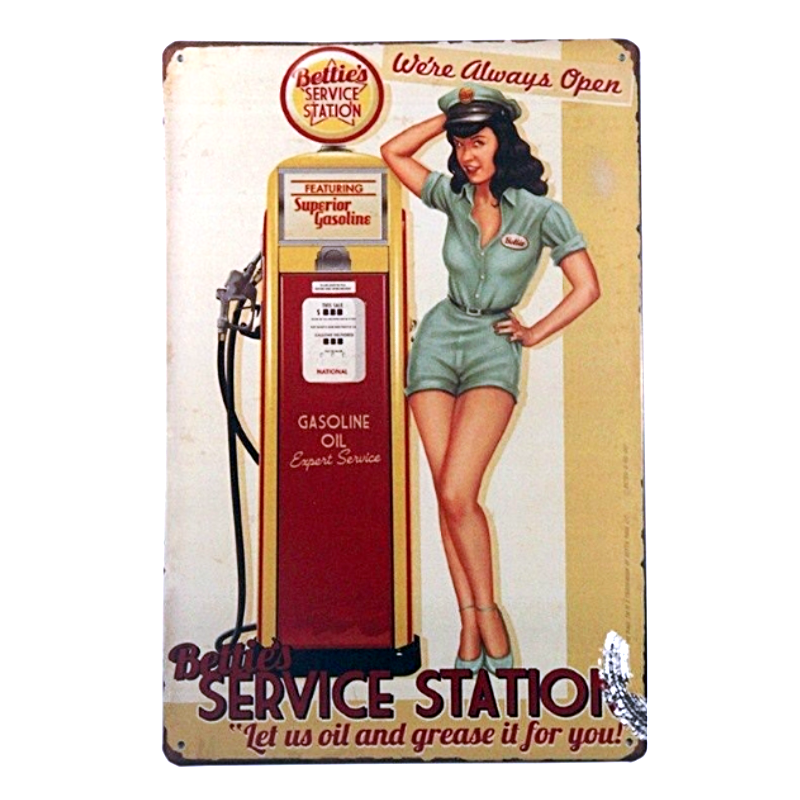 Plaque Vintage Station Service et Pompe à essence-- 20x30cm