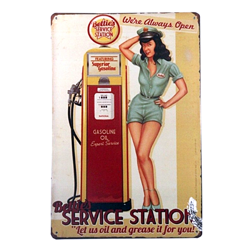 Plaque Vintage Station Service et Pompe à essence -- 20x30cm