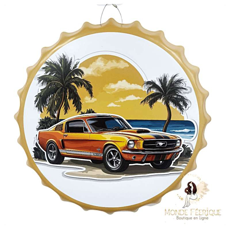 Capsule Métal – Mustang Vintage sur Plage au Coucher de Soleil