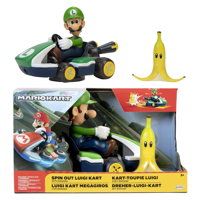 Jouet Luigi Mario Kart avec banane – Kart toupie 14 cm
