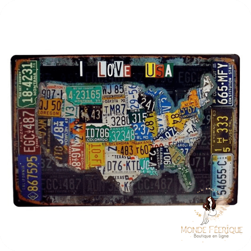 Plaque décoration USA Vintage - Plaque deco en metal pour mur carte des etats unis