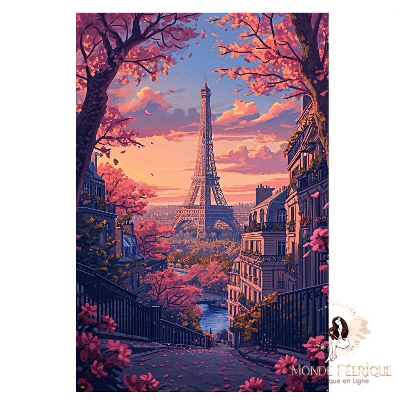 Plaque métal Tour Eiffel vintage – Vue romantique de Paris au printemps