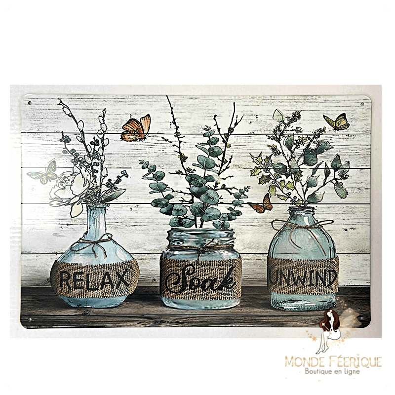 Plaque décorative Relax Soak Unwind - Verres vintage et fleurs champêtres