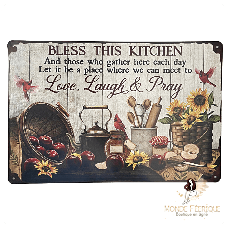 Plaque métal “Bless this kitchen” – Déco rustique cuisine et message inspirant