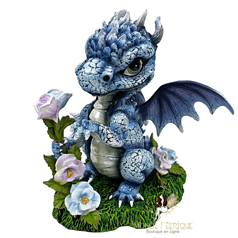 Figurine de Bébé Dragon bleu avec des fleurs 