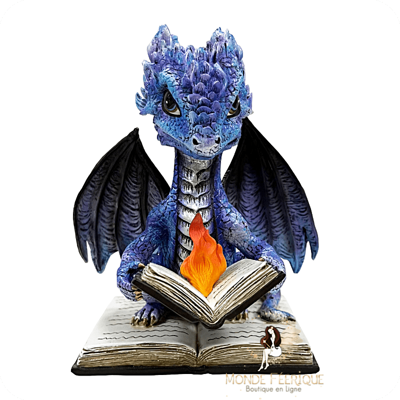 Bébé dragon bleu avec livre magique – Figurine fantasy