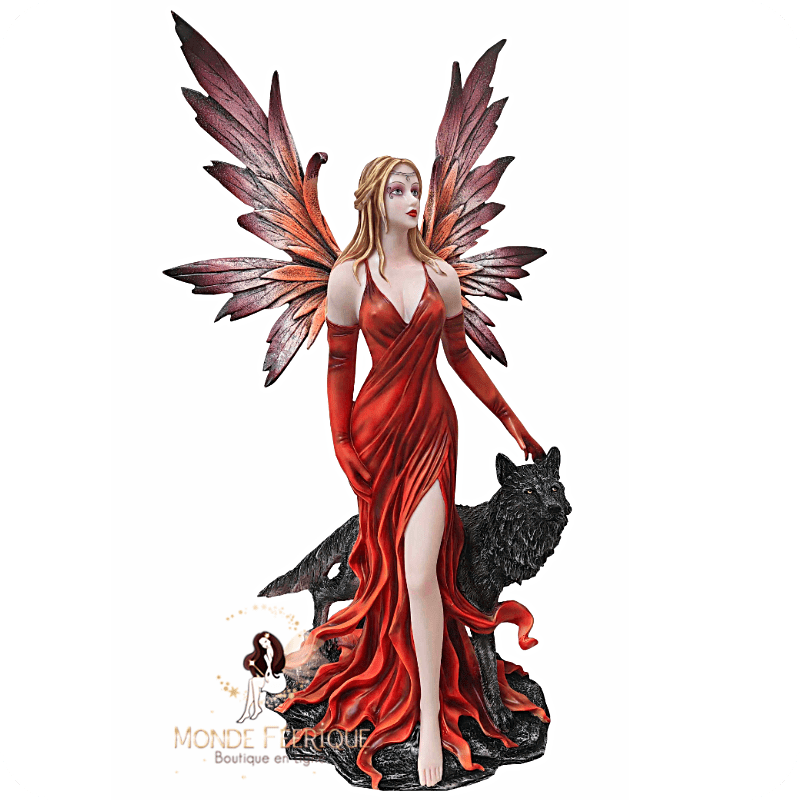 Fée rouge avec loup noir – Statuette imposante