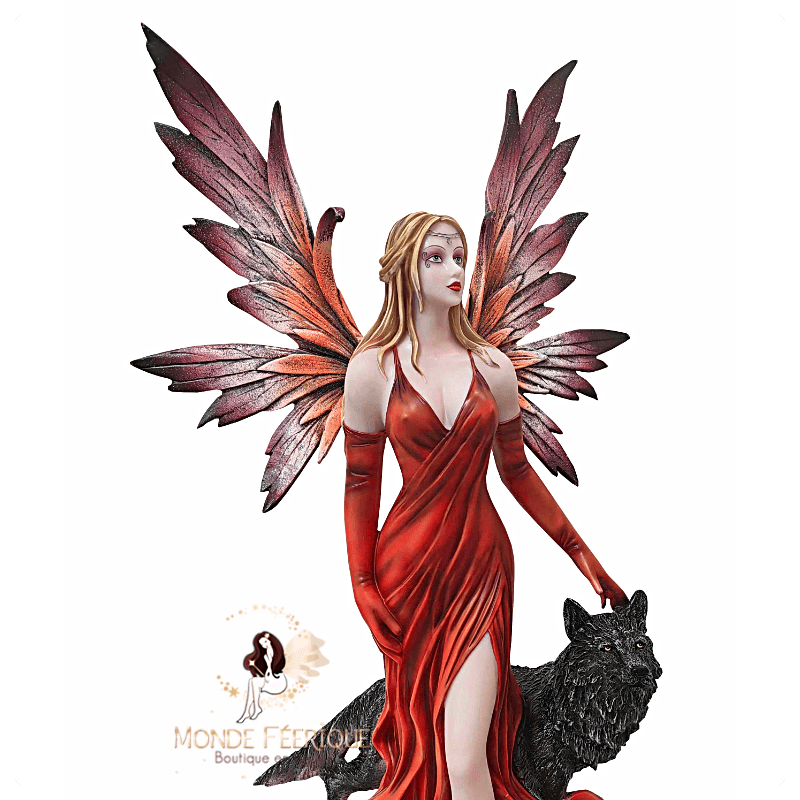 Fée rouge avec loup noir – Statuette imposante