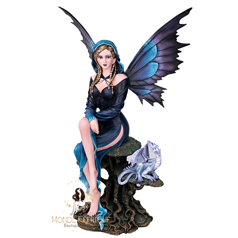 Fée bleue avec dragon argenté – Statuette fantasy