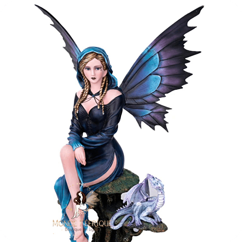 Fée bleue avec dragon argenté – Statuette fantasy