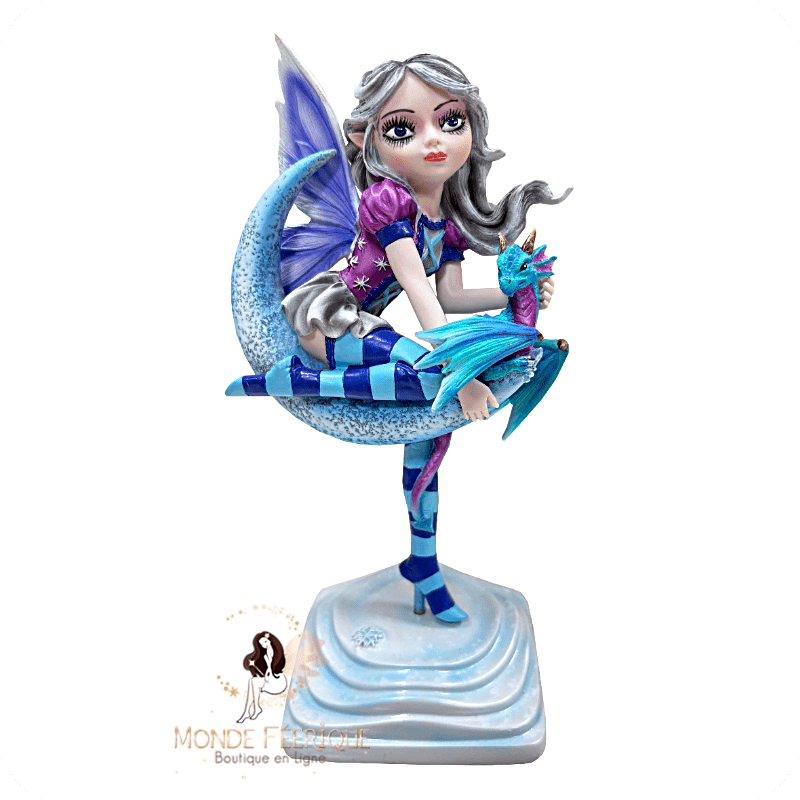 Fée bleue sur croissant de lune – Figurine féerique et dragon