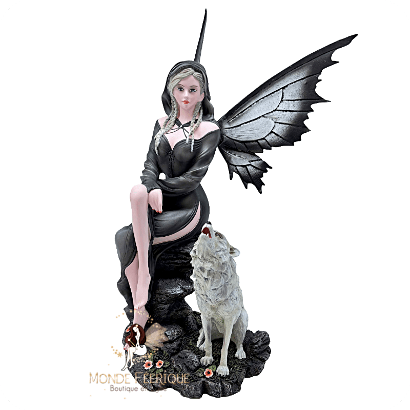 Fée noire et loup hurlant – Statuette fantasy gothique