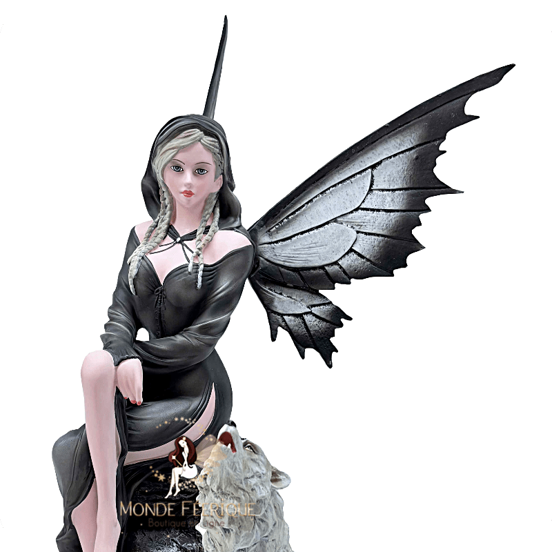 Fée noire et loup hurlant – Statuette fantasy gothique
