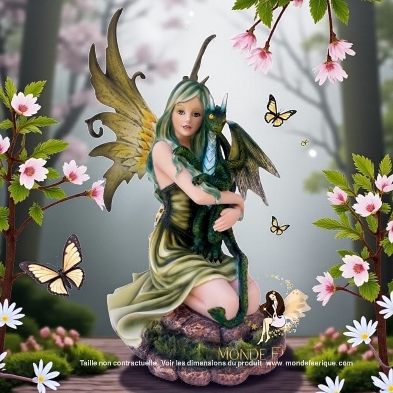 Statuette de Fée avec un dragon dans les tons verts à collectionner