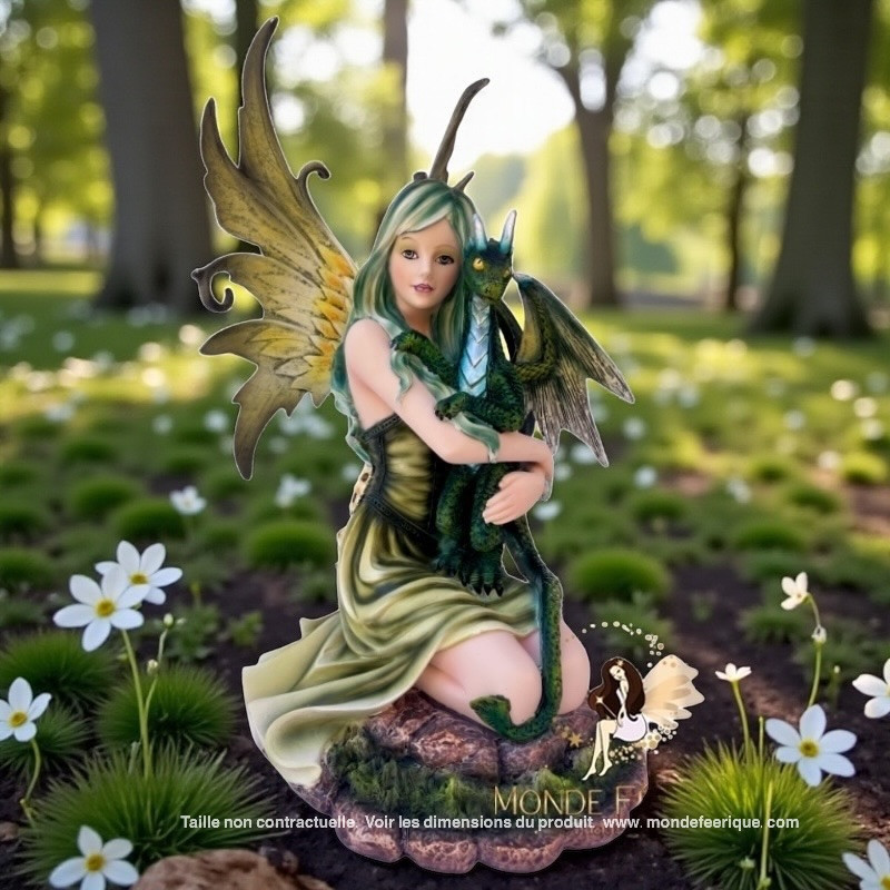 Statuette de Fée avec un dragon dans les tons verts à collectionner