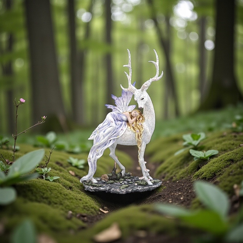 Statue de fée de decoration avec une renne, cerf. Déco sur le theme des Fées et noel