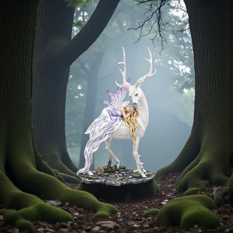Statue de fée de decoration avec une renne, cerf. Déco sur le theme des Fées et noel