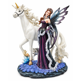 Statuette fée noire avec licorne et loup - Décoration féérique