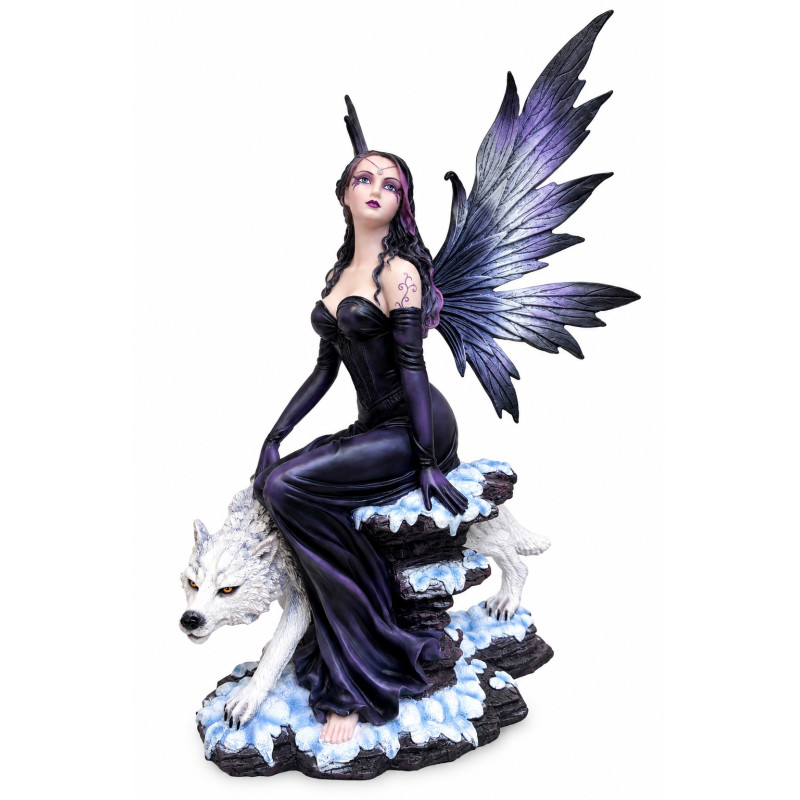 Statuette Fée du Crépuscule et loup blanc 50cm