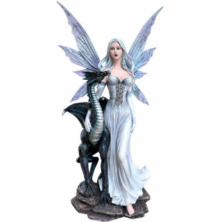 Statuette Fée et Dragon Argenté Éthéré 45cm