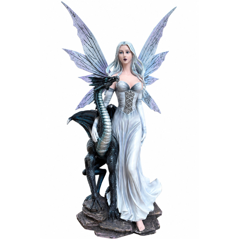 Statuette Fée et Dragon Argenté Éthéré 45cm